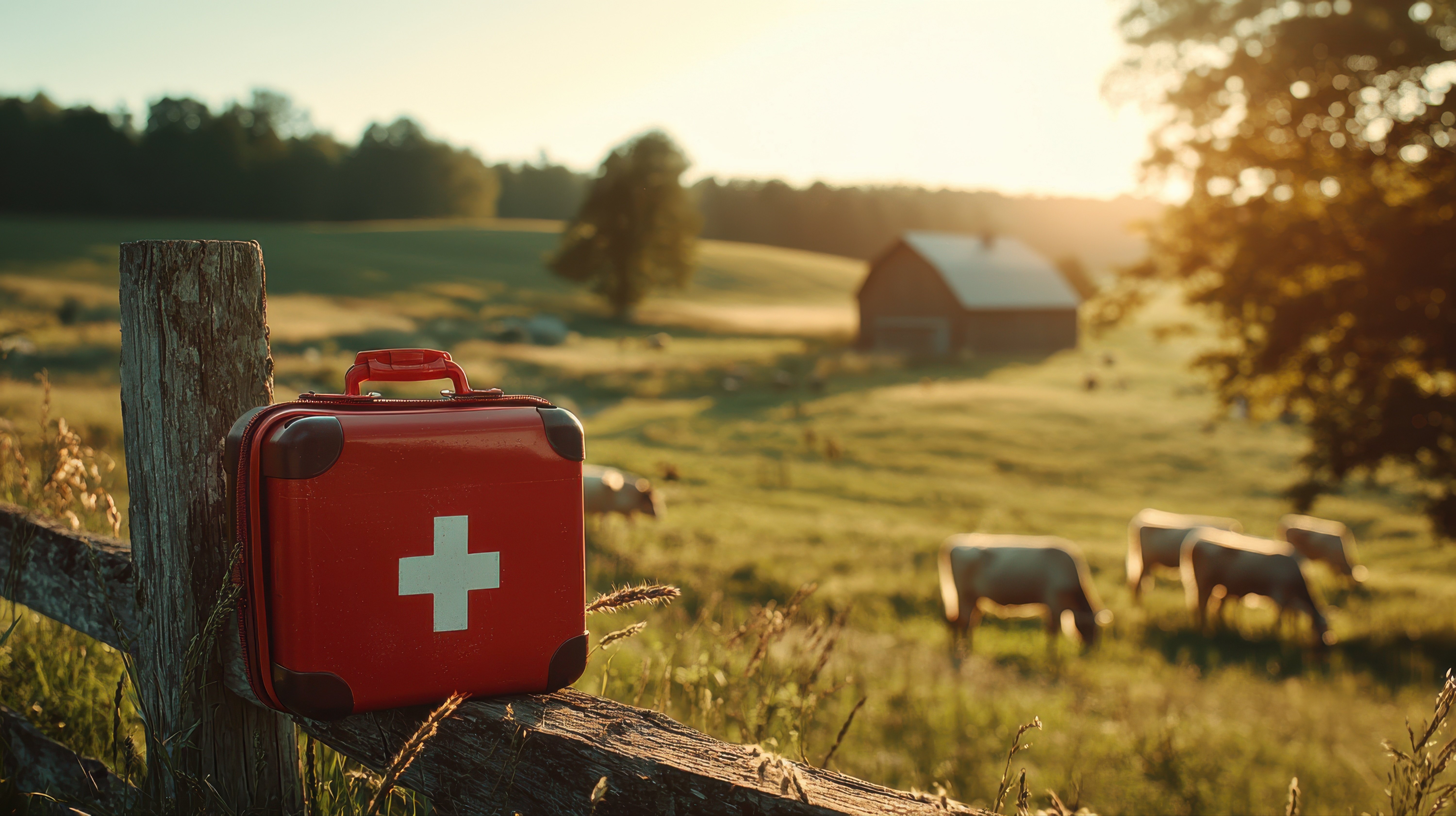 Red medical kit resting on a fence at a farm